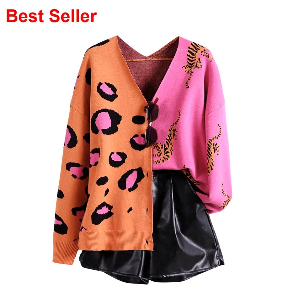 Women's Leopard Print V-Neck Cardigan Long Sleeve Button Down Sweater